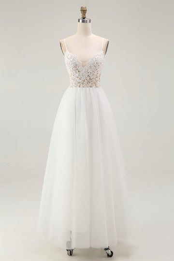 White A Line Spaghetti Straps Engagement Dress With Lace